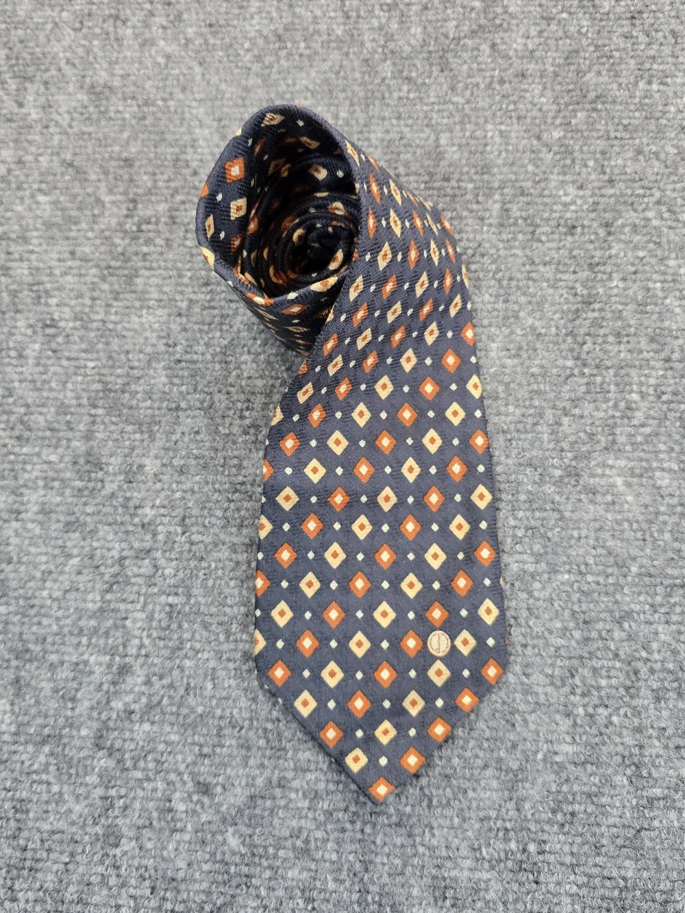Dunhill Silk Tie Mens Navy Orange Geometric Diamond Pattern Necktie 3.75